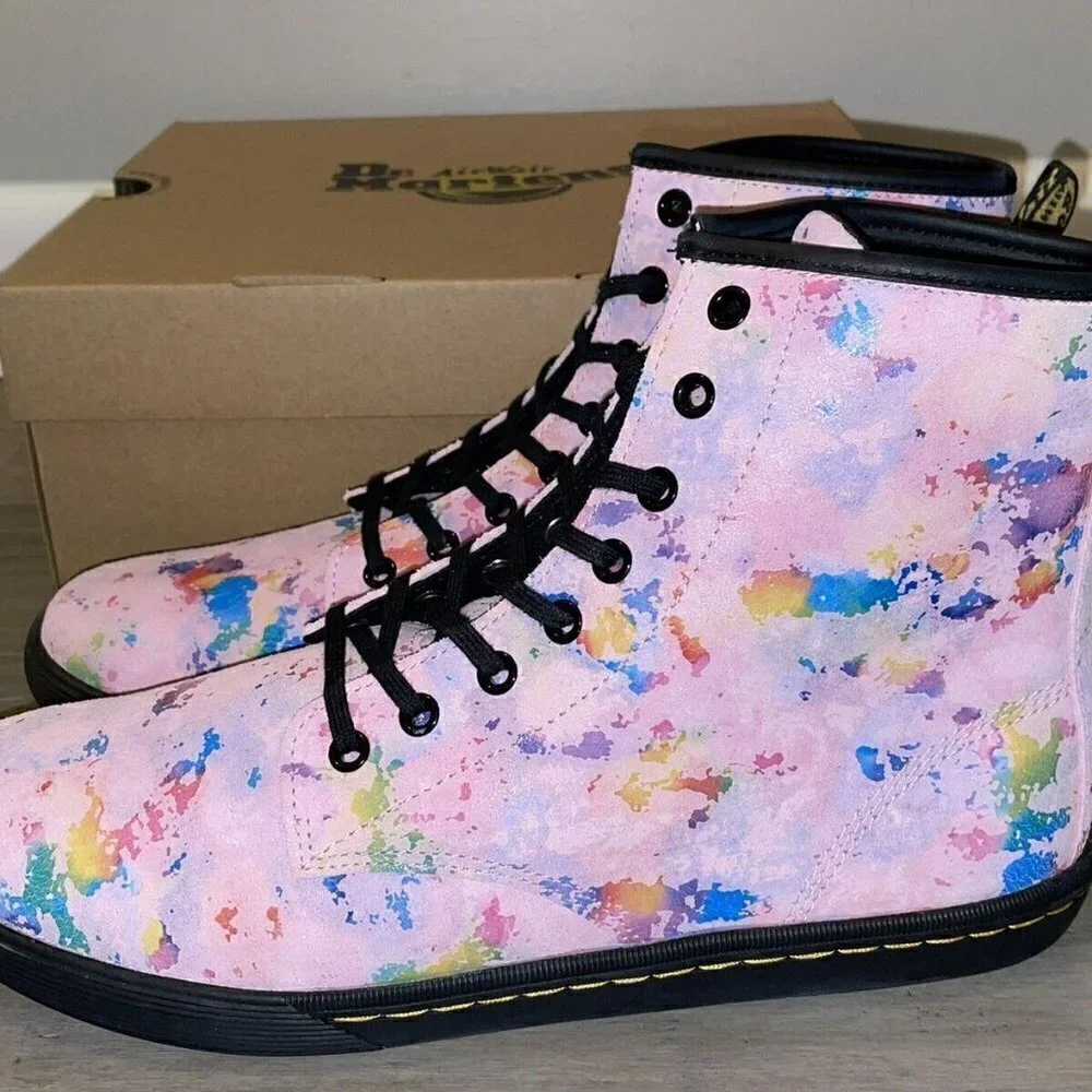 DR. MARTENS Womens Pink Sheridan Rainbow Burst SUEDE LEATHER Boot 6 New in Box
